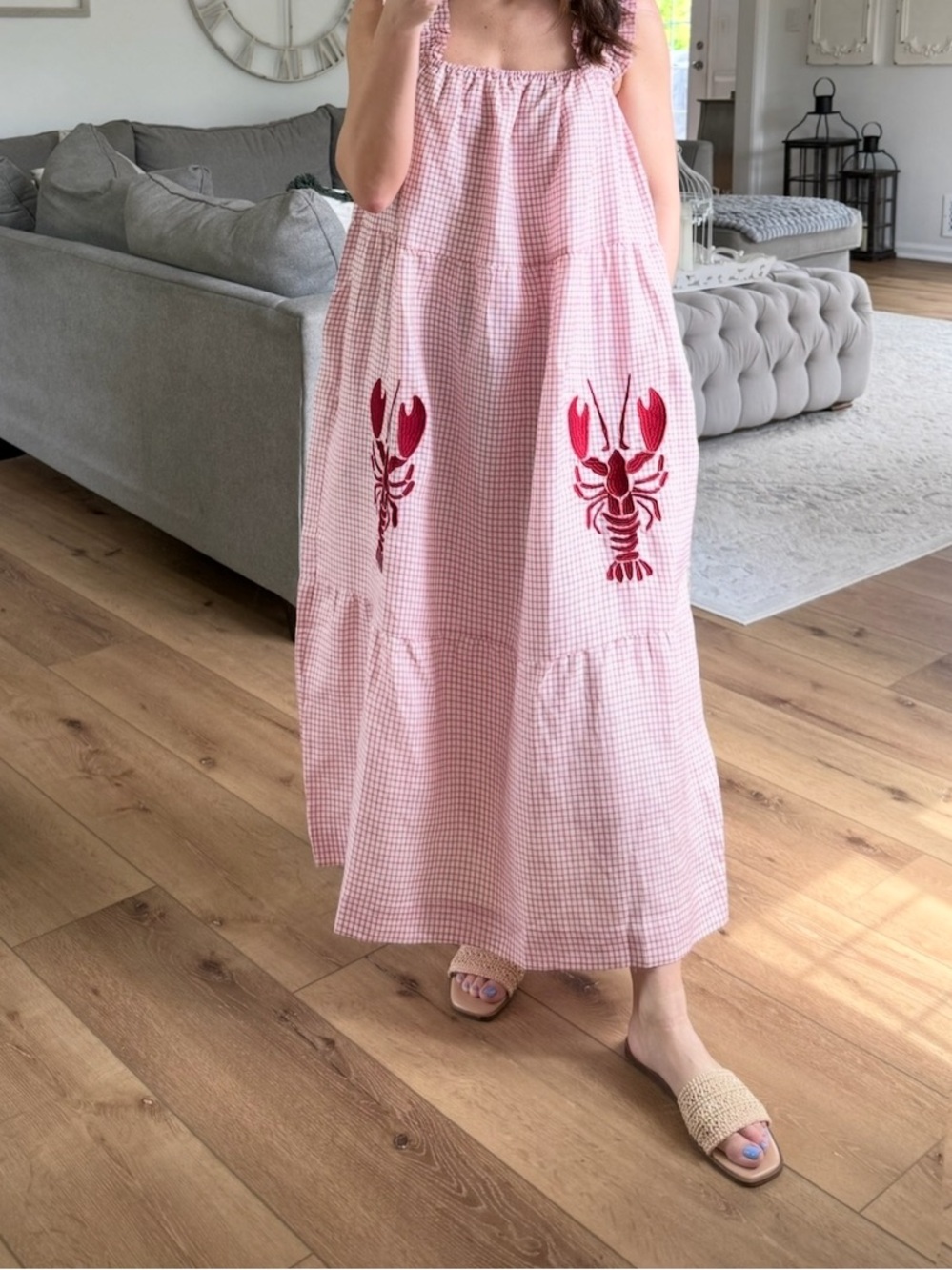 Pink Gingham Maxi Dress with Red Lobster Motif Ruffled elastic shoulder straps 😎